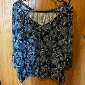 Shades of blue pullover top.  3/4 length sleeves, elastic at cuffs and waist.